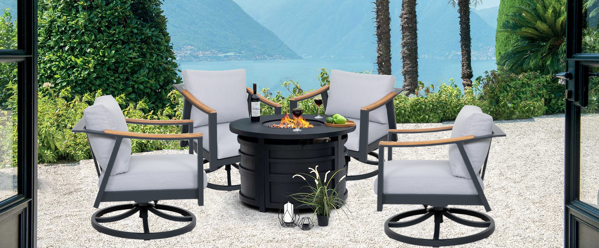 Patio Time Nova 5-Piece Aluminum Fire Pit with Swivel Rocking Chairs