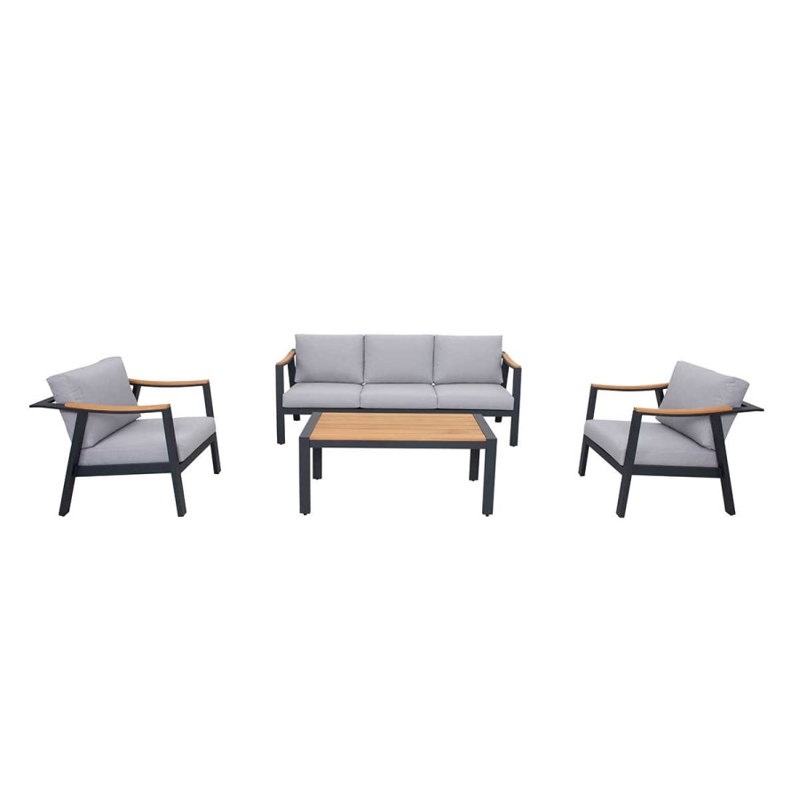 Nova 4-Piece Aluminum & Teak Sofa Set with Stationary Chairs