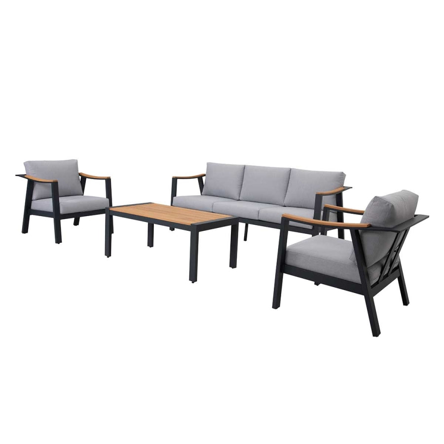 Nova 4-Piece Aluminum & Teak Sofa Set with Stationary Chairs