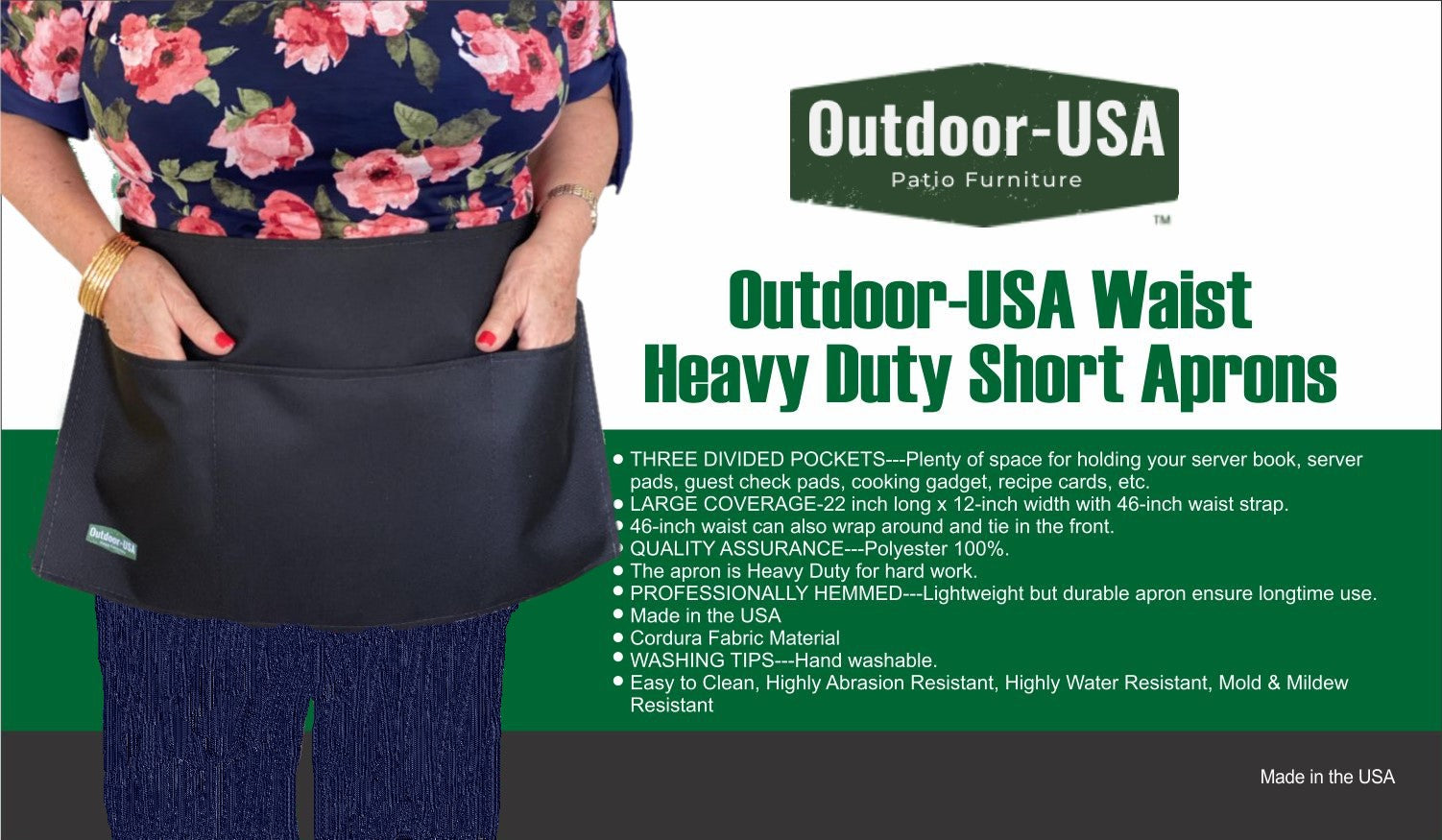 Delantales cortos resistentes con cintura Outdoor-USA, fabricados en EE. UU. 